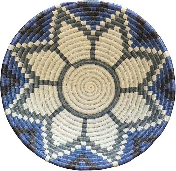 Handwoven African Basket Handmade sisal Fruit Bowl Wall Hanging decorative Baskets for Home Living Room Kitchen Centerpiece Zen Designs Arts and Crafts (Royal Blue Floral, 8in diameter)