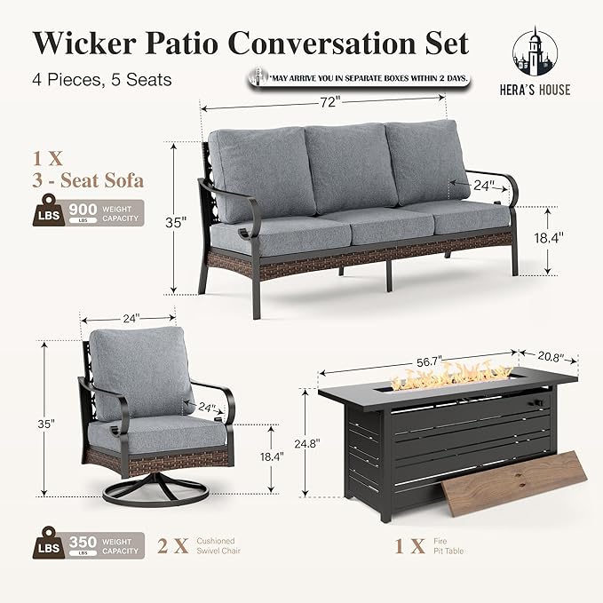 HERA'S HOUSE 4 Piece Patio Furniture Set with 56" Fire Pit Table, 2 x Swivel Cushioned Chair, 1 x 3-Seat Sofa, 5-Seats Outdoor Conversation Set for Lawn Garden Deck, Grey