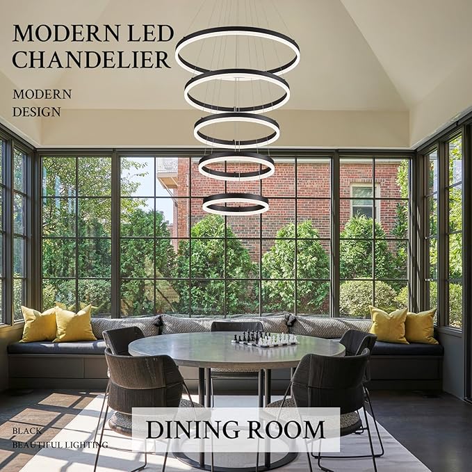Modern LED Chandelier for Foyer Dimmable Black High Ceiling Chandeliers Foyer with Remote Control for Entryway Dining Room Living Room Staircase, 3000K-6500K(5-Rings D23.6’’)