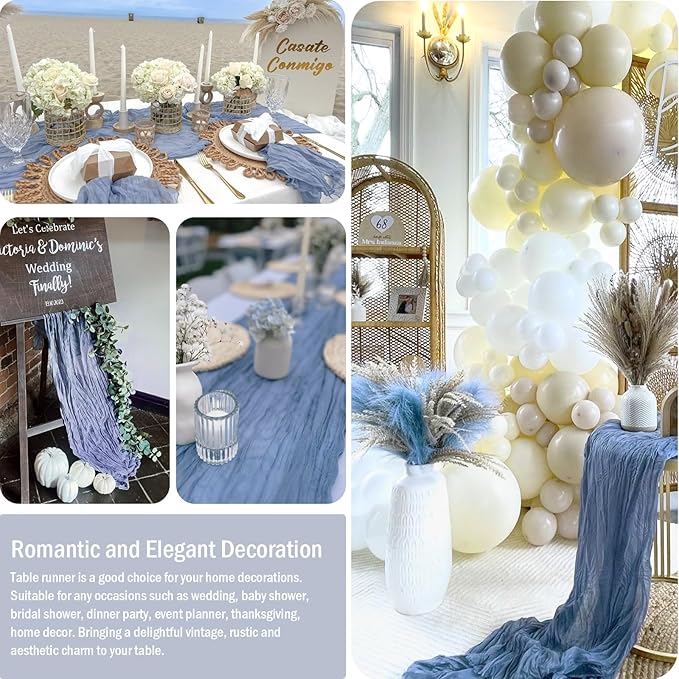 8 Pack Dusty Blue Cheesecloth Table Runner 35x120 Inches 10ft Boho Gauze Rustic Cheese Cloth Runners Long Romantic Sheer Christmas Table Runner for Wedding Bridal Baby Shower Party Decorations