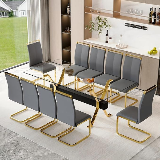 11 Piece Glass Dining Table Set, 79" Modern Dining Table Set for 10, 0.5" Thick Tempered Glass Tabletop with Gold Chrome Metal Legs and Black Crossbar, 10 PU Chairs for Dining Room, Kitchen