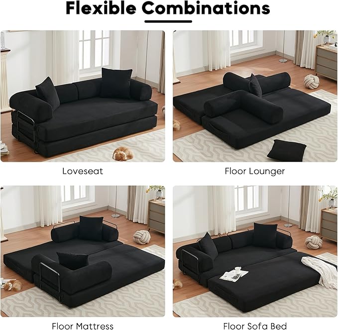 Convertible Sleeper Sofa Bed with Cylindrical Pillow, Corduroy Folding Mattress Couch with Fixed-Shape Frame, Floor Sofa Lounge Couch for Living Room Bedroom Lounge Studio-Black