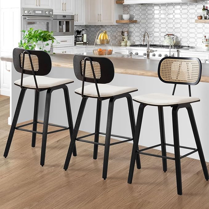 Counter Height Bar Stools Set of 4, 26" PU Leather Upholstered Rattan Barstools, Mid Century Modern Bar Chairs with Black Wood Legs, Armless Walnut Kitchen Island Dining Bar Chair, White