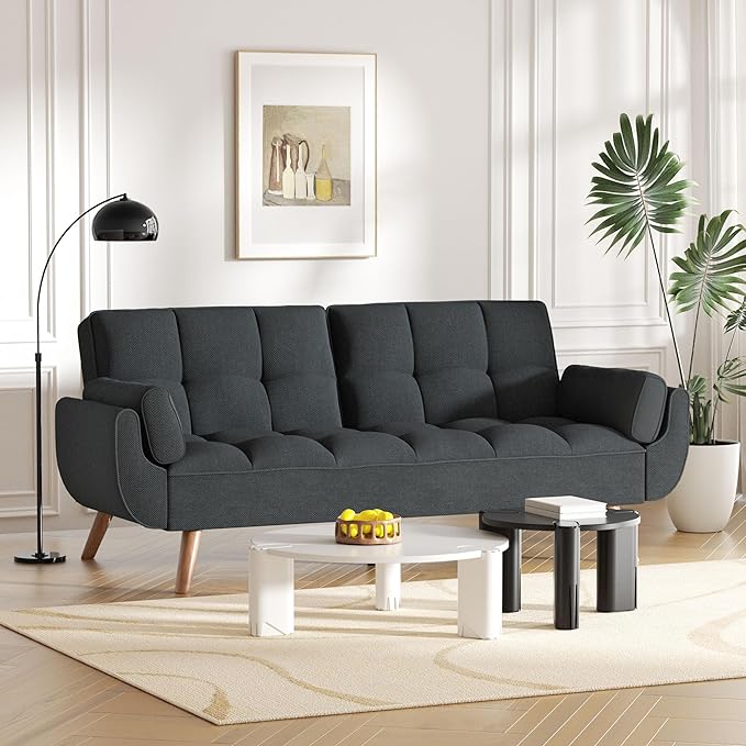 Futon Couch for Small Spaces & Apartment, 2-in-1Modern Comfy Loveseat Convertible Sofa Bed, 75.4-Inch Compact Design for Living Room, Dorms, and Studios-Dark Grey