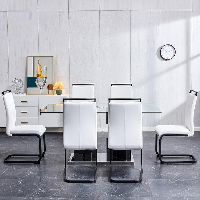 Glass Dining Room Table Set for 6,Dining Table Set for 6 with PU Leather Chairs,Retangular Dining Table with MDF Table Legs and Sliver Base for Dining Room