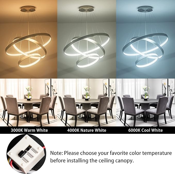 Modern Led Chandeliers, Dimmable Contemporary LED Chandeliers 3 Rings, Hanging Led Modern Pendant Light Fixture for Living Dining Room Kitchen Foyer Entryway Brush Nickel-3000K/4000K/6000k