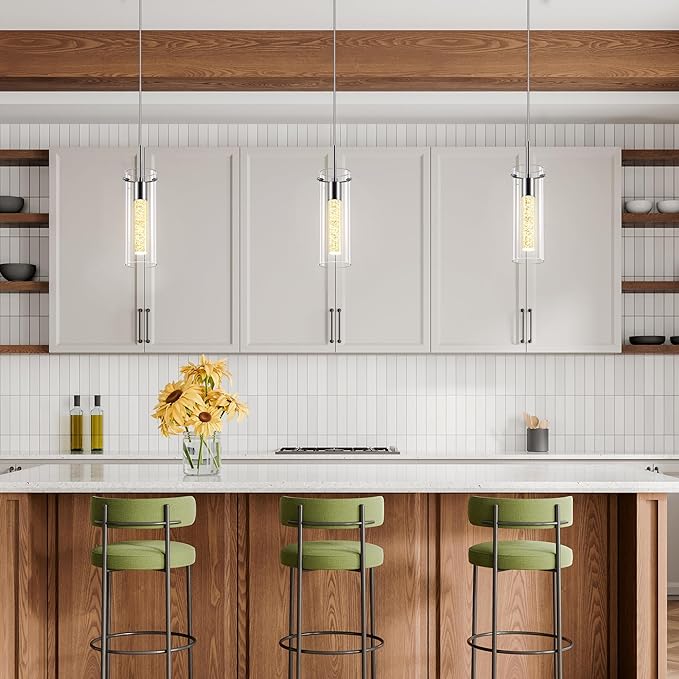 Pendant Ceiling Light Fixture - LED Crystal Pendant Lights for Kitchen Island, Modern Island Light with Bubble Glass - 3 Pack