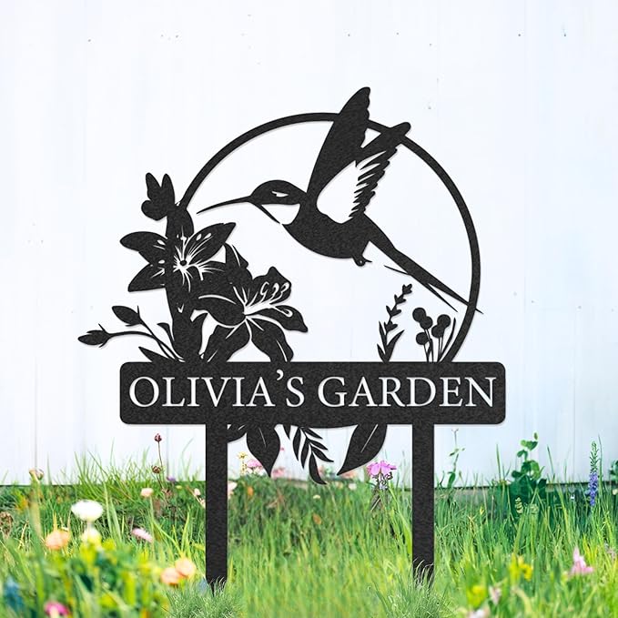 Custom Metal Garden Sign, Personalized Name Sign for Garden, Hummingbird Yard Decor, Outdoor Yard Stakes, Gifts for Plant Lovers