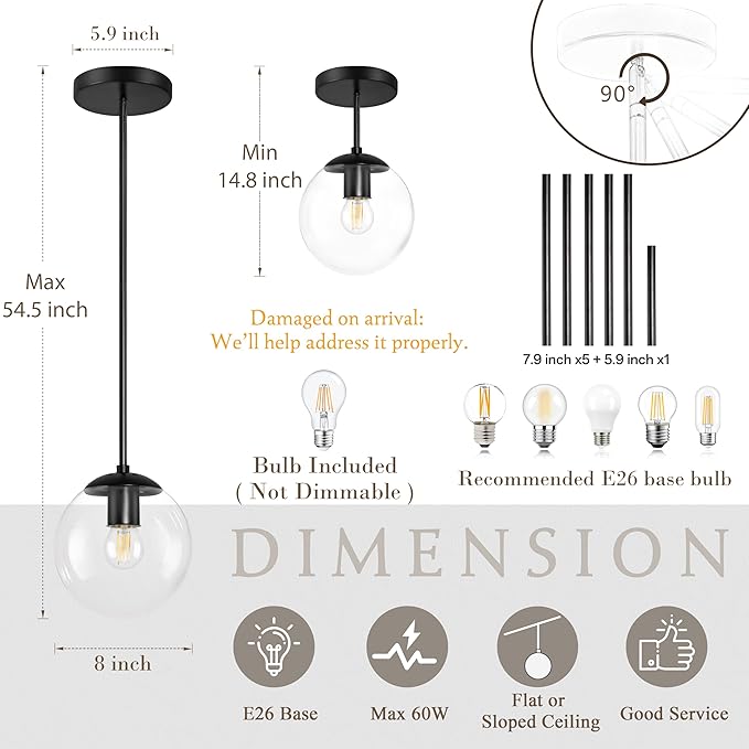 8 Inch Black Mid Century Pendant Light Globe Clear Glass Fixture Lights Kitchen Island Globe Pendant Light Mid Century Adjustable Hanging Farmhouse Lights Fixtures for Kitchen Island