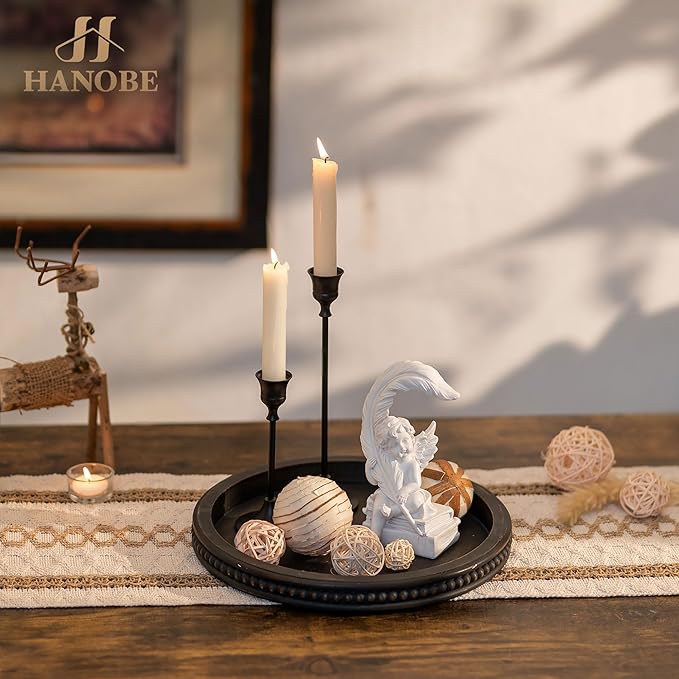 Hanobe Decorative Coffee Table Tray: Modern Farmhouse Beaded Round Tray Decor Rich Dark Brown Circle Wooden Ottoman Serving Platter for Centerpieces Kitchen Counter Bathroom