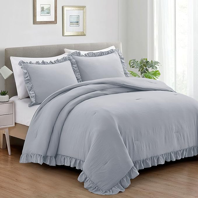 Bonlino Bedding Comforter Set Queen - 3 Pieces Farmhouse Comforter Ruffle Boho Bed Comforter, Fluffy Soft Lightweight Bedding Chic Rustic Country Style for Home Bedroom Dorm (Queen, Light Grey)