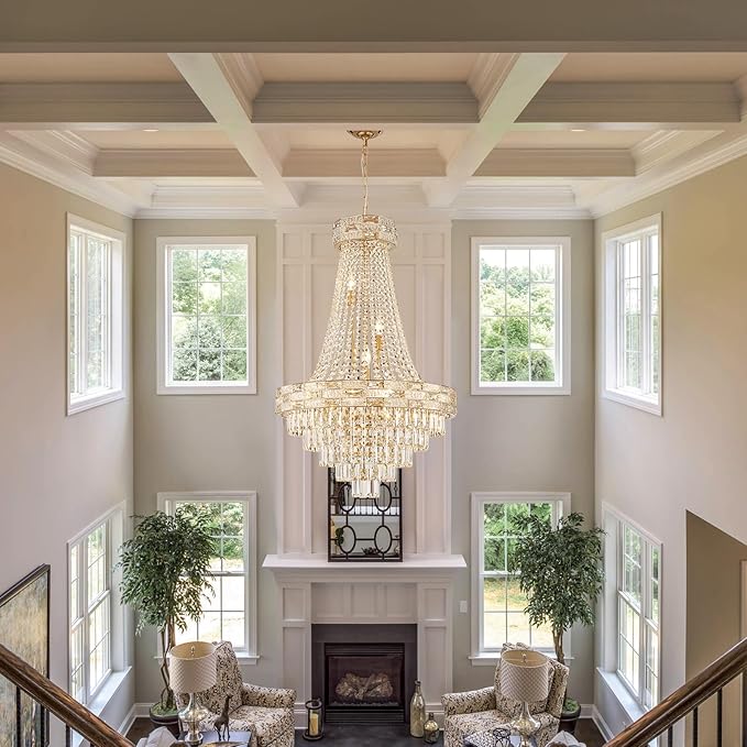 Gold Crystal Chandeliers 12 Lights Modern Chandelier for High Ceilings Large Chandeliers Light Fixture Foyer Staircase Hallway Entryway Living Room Hall Lobby 36" H x 23.5" D