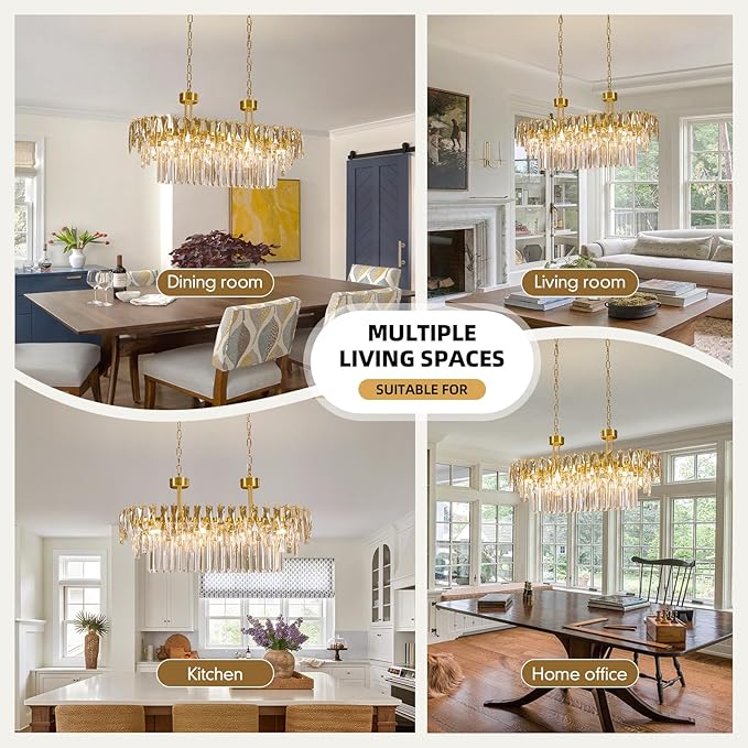 Rectangular Crystal Chandelier for Dining Room - L31.5'' Modern Gold Long Linear Chandelie,Luxury 3 Tier Raindrop K9 Crystals Oval Chandeliers for Living Room,Pendant Ceiling Light for Kitchen Island