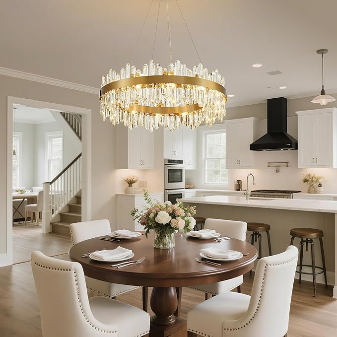 Gold Modern Crystal Chandelier, Round K9 Crystal Chandelier for Dining Room, Adjustable Height Pendant Light Fixture for Living Room Bedroom Kitchen Island D30