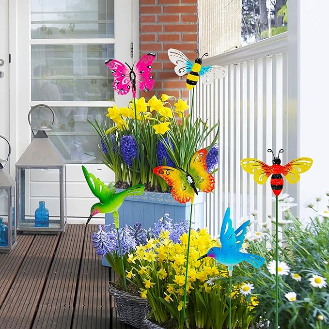 Juegoal 6 Pack Metal Yard Stakes Spring Decor, Outdoor Metal Colorful Butterfly Hummingbird & Bee Shaking Head Yard Art, Rust Proof Metal Plant Sticks for Yard Lawn Pathway Patio Ornaments