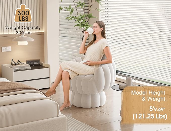 Mid Century Modern 360 Degree Barrel Swivel Accent Sofa Chair,Fluffy Velvet Fabric Lounge Wide Upholstered Pumpkin Reading Chair, Round Cloud Armchair for Living Room,Bedroom,Vanity(Beige)