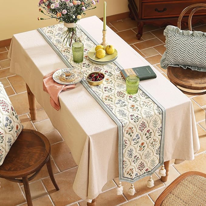 ISAENNE Designer Vintage Elegant Linen Table Runner 118 Inches Extra Long,Colorful Wildflower Pattern Runner,Decor Table Runners for Dining Tables,Thanksgiving,Christmas,12"*118"-Serenity B