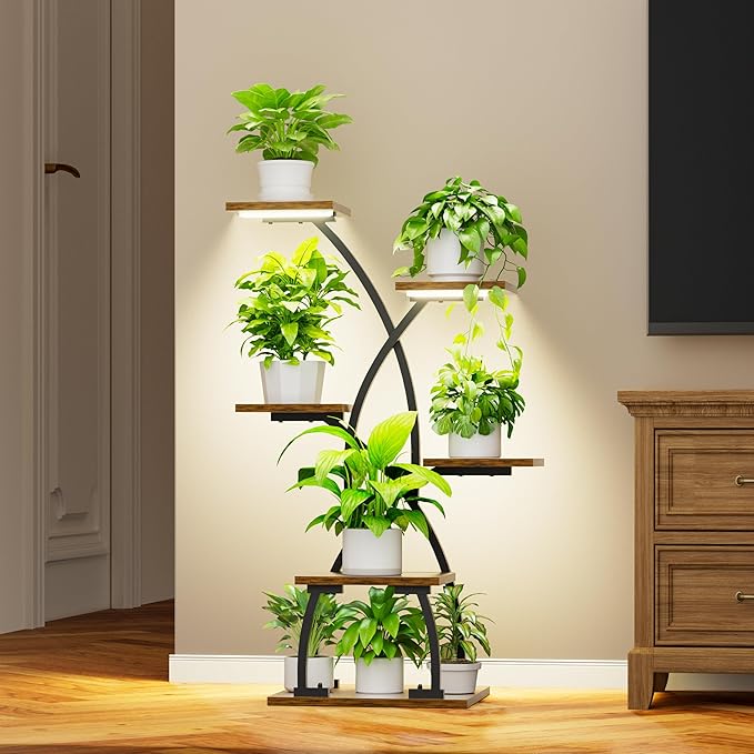 JUSTOGO Plant Stand Indoor with Grow Lights - 6 Tiered Plant Shelf Indoor, 36“ Corner Plant Stands for Indoor Plants Multiple, Metal Curved Flower Holder Display Rack for Patio, Balcony, Home Decor