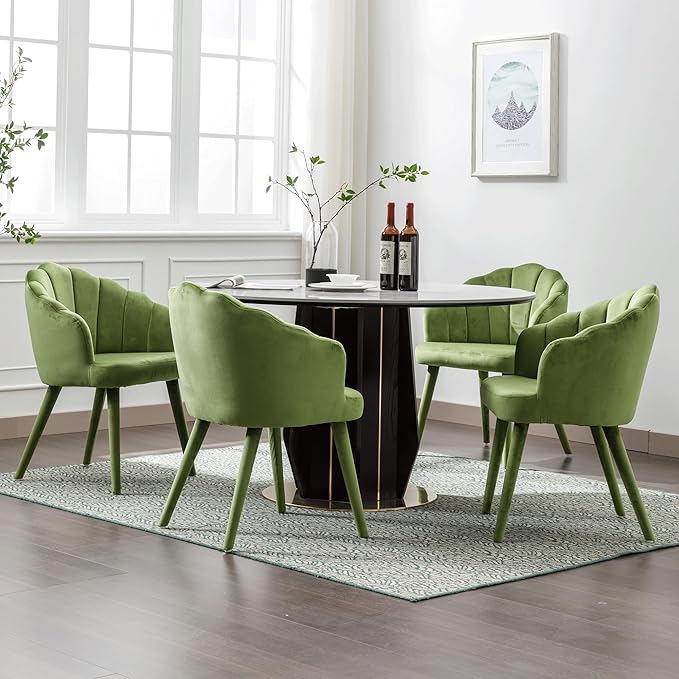 Modern Dining Room Chairs Set of 4 Chic Velvet Accent Chair Upholstered Side Chairs with Wood Legs for Home Kitchen/Living Room/Restaurant, Green