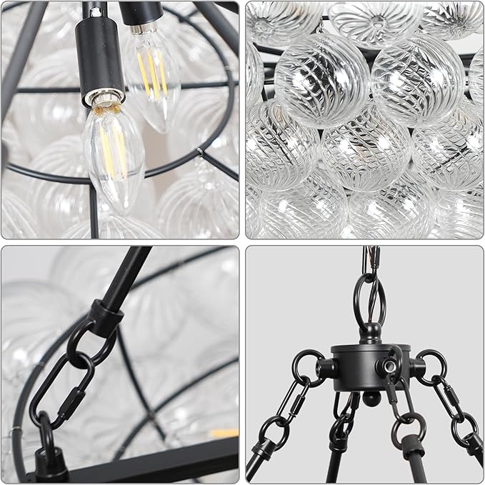 Modern Glass Bubble Globe Chandelier Lighting Luxury Hanging Black Pendant Light for Dining Room, Living Room, Entryway, Staircase, Dia 31.5 Inch