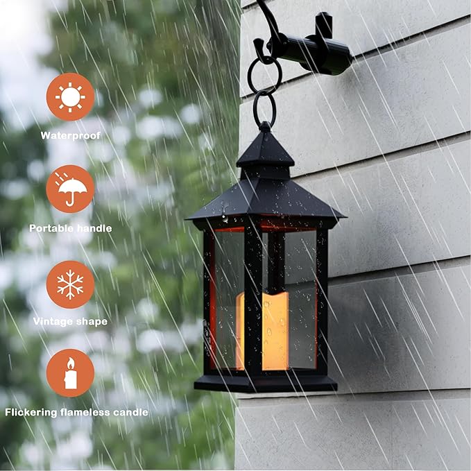 Lanterns Decorative Indoor, 2 Packs 14" Battery-Powered Waterproof Black LED Candle Lanterns with Timer for Patio & Outdoor, Vintage Hanging Lantern for Home & Wedding, Transparent