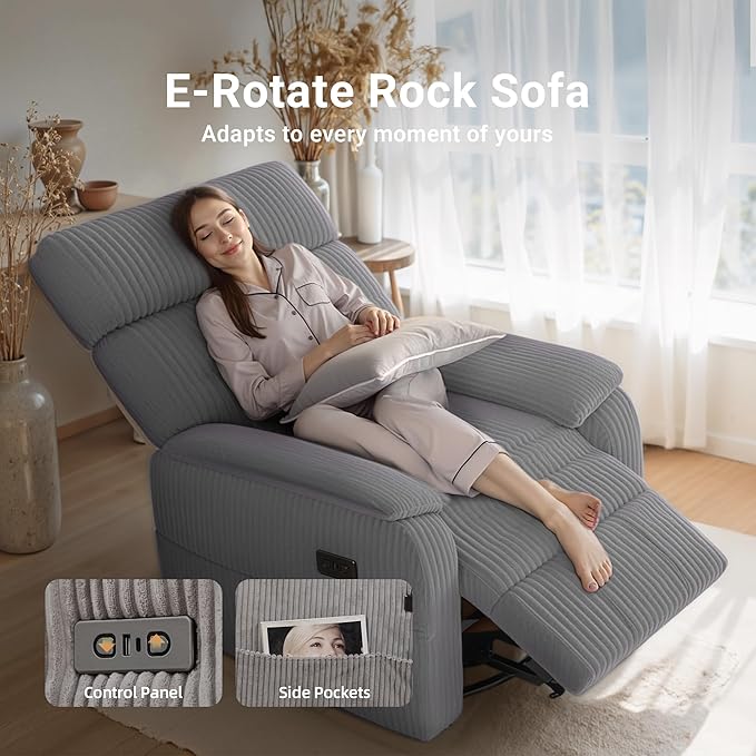 Overized Power Swivel Rocker Recliner Chair,Comfy Corduroy Sofa Reclining for Adults,Adjustable Rocker Reclining Sofa Lounge with USB&Type-C Ports,Side Pocket,for Living Room,Grey