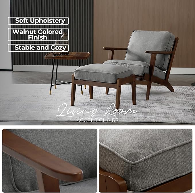 Living Room Accent Chairs Set of 2 Mid Century Modern Reading Arm Chair with Ottoman, Fabric Bedroom Chair with Soild Wood Frame, Elegant Upholstered Side Chair, Grey-Fabric