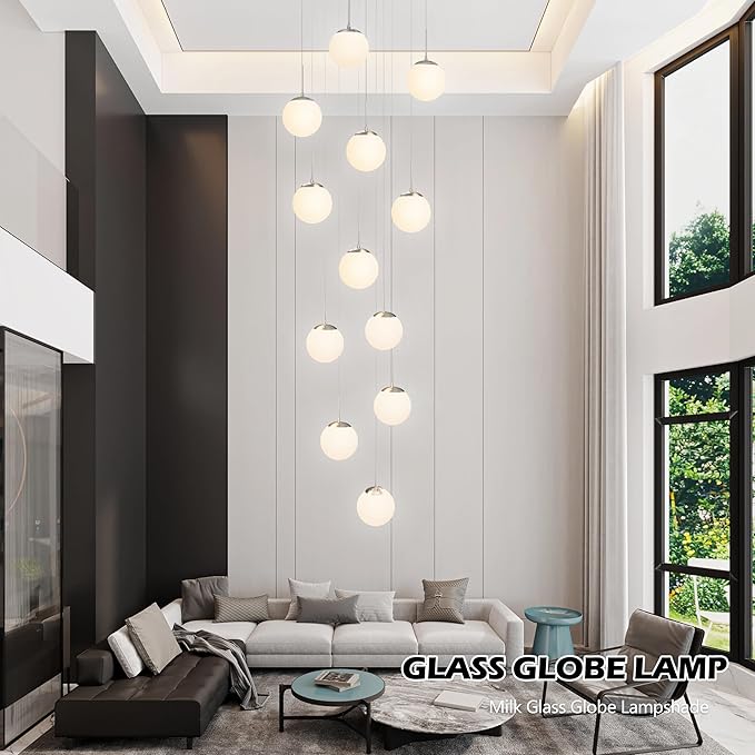 KoKo&Yukina 12-Light Nickel Mid Century Modern Chandelier for Living Room Staircase Chandelier for Entryway Globe Milky White Glass Pendant Light High Ceiling Chandeliers Foyer (Bulb & Remote Incl.)