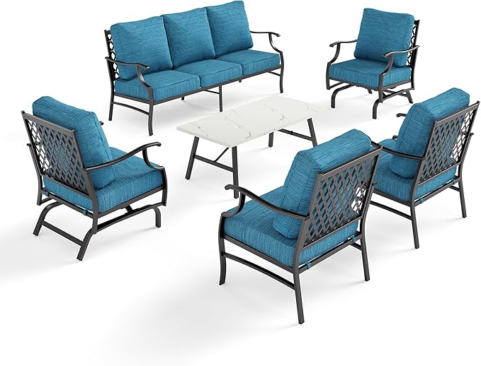 6 Piece Metal Outdoor Patio Furniture Set, Patio Conversation Set 3-Seater Sofa, 2 Rocking Chair, 2 Leg Chair with 5.75" Thick Cushion and Coffee Table, Backyard Furniture Set, Blue-2