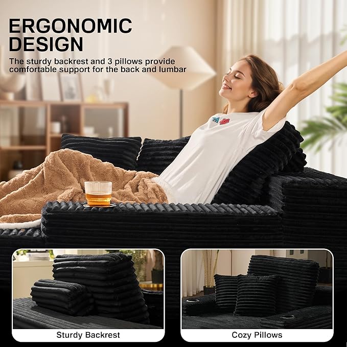Chaise Lounge Chair Indoor, 67" Oversized Comfy Plush Fur Sleeper Sofa Bed with Cup Holders and Wide Armrests, Boneless Upholstered Recliner Bed, Modern Cloud Couch for Living Room, Black