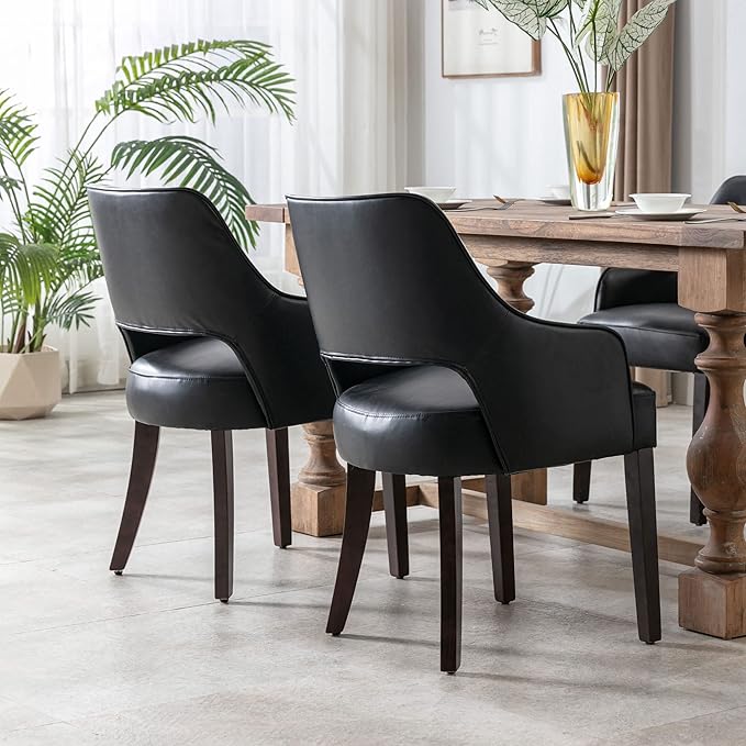 PU Leather Dining Chairs Set of 2 Upholstered Armchair Side Chairs Wood Accent Chair for Living Room/Dining Room/Bedroom/Restaurant, Black