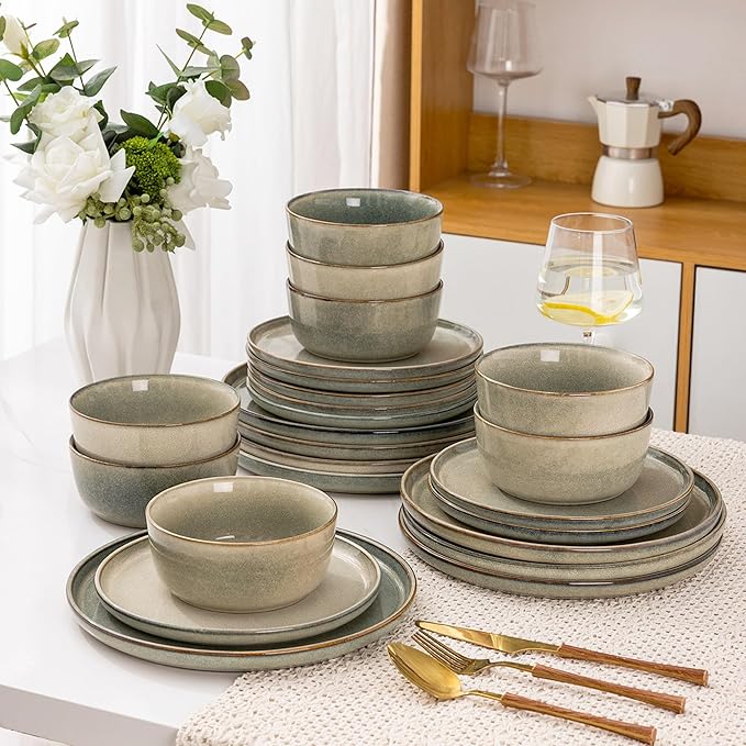 AmorArc Stoneware Dinnerware Sets,Round Reactive Glaze Ceramic Plates and Bowls Sets,Highly Scratch Resistant | Dishwasher & Microwave Safe,Service for 8 Dishes Set (24pc)
