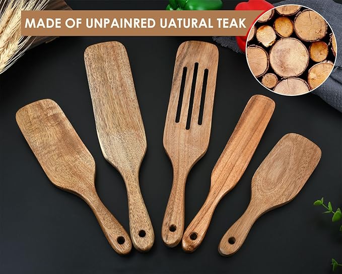 Wooden Spurtle Kit 5 Pieces Teak Wood Spoons Kitchen Tools for Nonstick Cookware, Salad Strainer and Making Cake