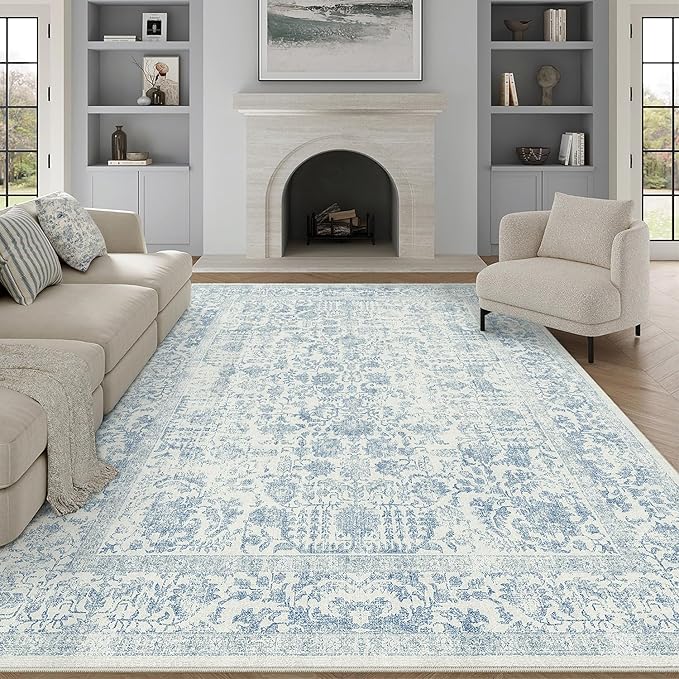 Blue Area Rug 10x12 Machine Washable Large Vintage Living Room Distressed Non Slip Carpet Traditional Indoor Bedroom Grey Retro Floral Accent Throw Rug for Office Kitchen Dining Room