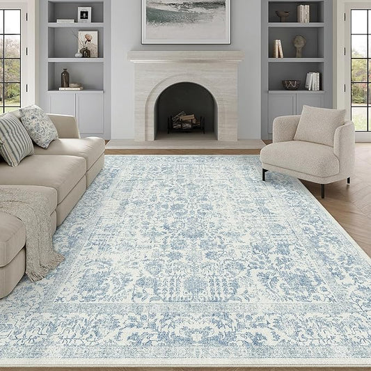 Blue Area Rug 10x12 Machine Washable Large Vintage Living Room Distressed Non Slip Carpet Traditional Indoor Bedroom Grey Retro Floral Accent Throw Rug for Office Kitchen Dining Room
