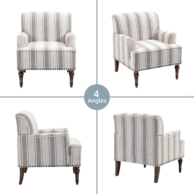 Modern Accent Chair with Arms,2 Set Mid Century Stripe Armchair for Living Room,Comfy Linen Fabric Single Sofa for Apartment Bedroom,Comfortable Cushioned Seat for Reading Home Office-Brown Stripe