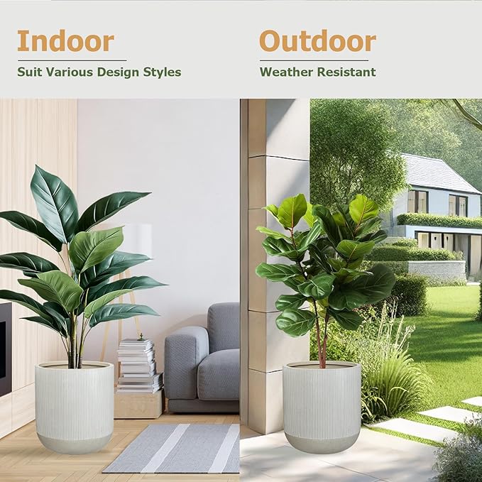 14.2" H x 13" D Ribbed Radius Fiberstone Round Planter with Drainage Hole, Weather Resistant for Indoor and Outdoor Use, Included 2 Extra Coco Mats (Frost Grey, 11.5" Pot Opening)