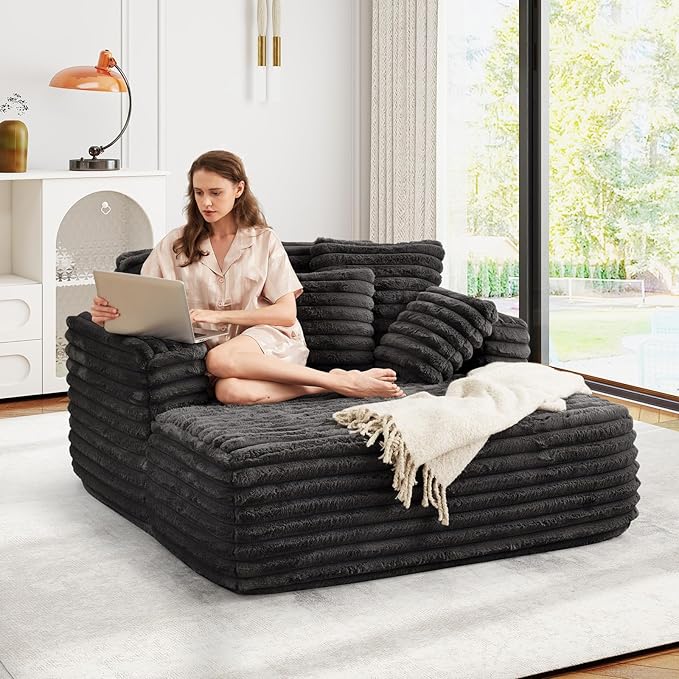 56"W Oversized Chaise Lounge Chair Indoor,Plush Faux Fur Sleeper Sofa Couch Bed with Pillows&Wide Armrest,Fluffy Comfy Cloud Sofa,Compression Foam Boneless Couch for Living Room,Bedroom(Black)