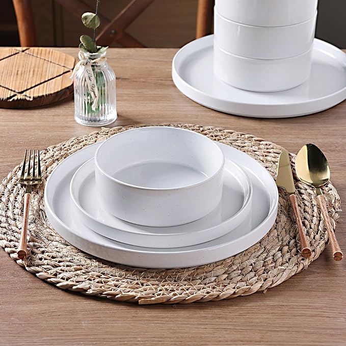 GBHOME Dinnerware Set for 6, 18 Piece Speckled Plates and Bowls Set with Glazed Bottom, Chip & Scratch Resistant Stoneware Plates Sets, Dishwasher & Microwave Safe Dishes, White