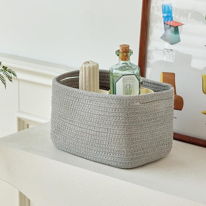 Small Cotton Rope Basket – Storage Bin for Organizing (10.6" x 6.7" x 6.7"), Bathroom Storage Basket for Shelf, Counter & Closet（Grey）