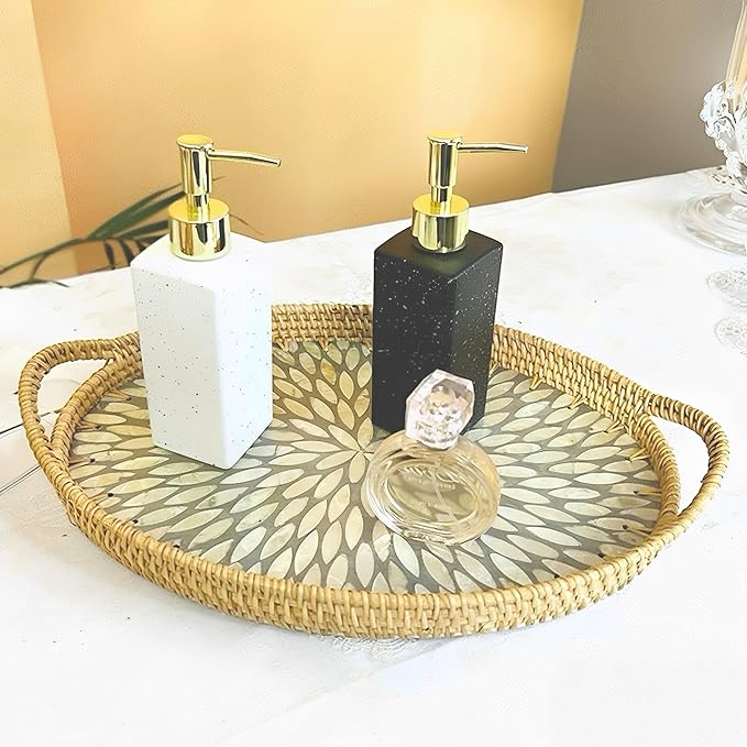 I-LAN 15 Inch Oval Rattan Woven Tray Basket with Beige MOP Wooden Base and Handles, Boho Wicker Coffee Table Serving Tray Décor with 2 Inch Wall, Handmade Display Basket for Countertop, L