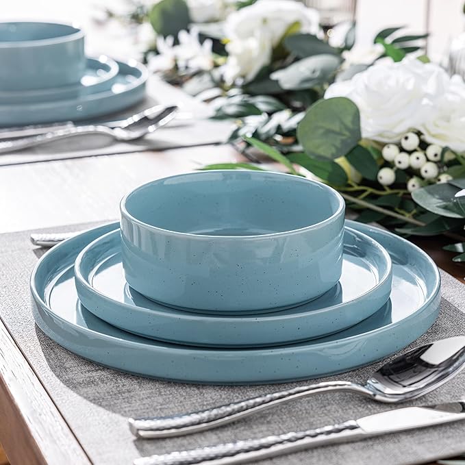 GBHOME Dinnerware Set for 4, 12 Piece Speckled Plates and Bowls Set with Glazed Bottom, Chip & Scratch Resistant Stoneware Plates Sets, Dishwasher & Microwave Safe Dishes (Stone Blue, Service for 4)