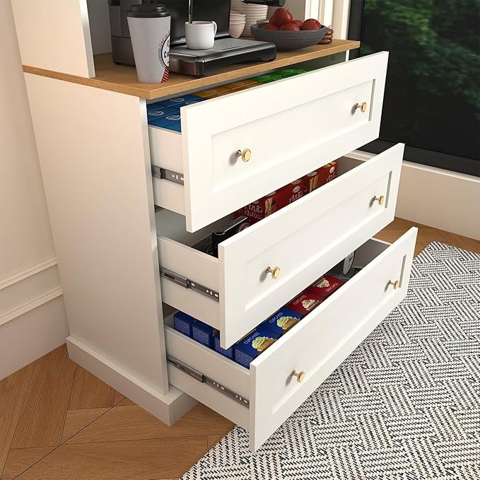 71" Farmhouse Kitchen Pantry Cabinet Set of 3 with Drawers, White Freestanding Coffee Bar Hutch with Microwave Stand, Large Storage Cabinet with Adjustable Shelves for Kitchen, Living Room