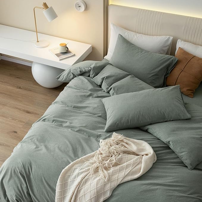 JIYUAN 100% Washed Cotton Duvet Cover Set 3 Pieces Full, 1 Duvet Cover 80x90 Inches(Comforter Not Included) and 2 Pillowcases,Linen Feel Bedding Set Comfy and Breathable, Heathered Green
