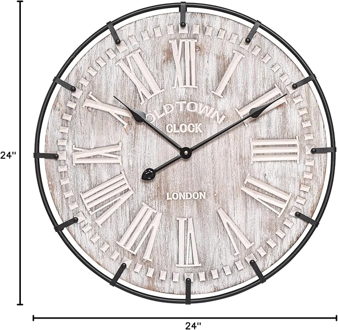 24 Inch Large Farmhouse Wall Clock, Rustic Antique Wood with Metal Circle and Large Engraved Numerals, Silent Battery Operated Wall Clock for Office Kitchen Bedroom Living Room