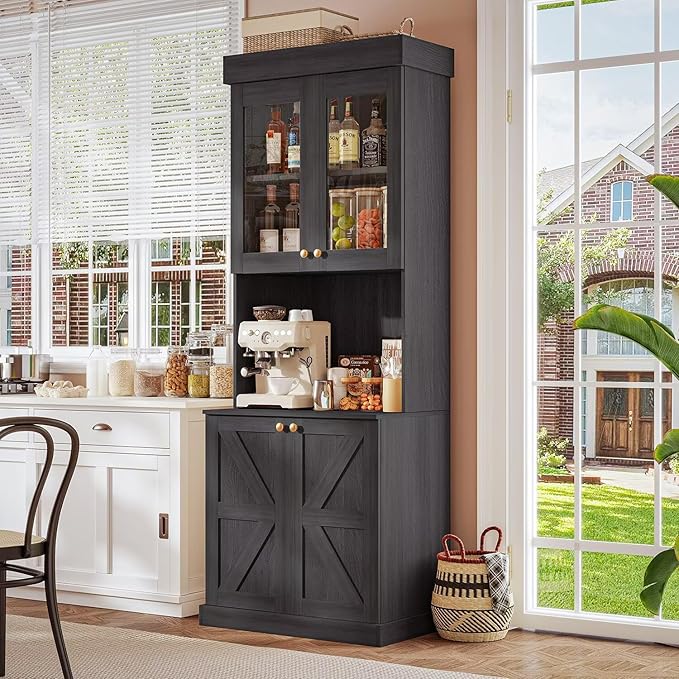 Vyre 71" Farmhouse Pantry Cabinet Set of 3, Black Freestanding Coffee Bar with Glass Doors, Drawers & Adjustable Shelves, Large Storage Hutch with Microwave Stand for Kitchen & Living Room