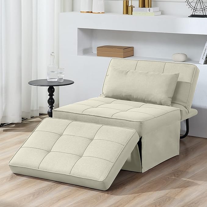 BIGSYY Sofa Bed, 4 in 1 Multi-Function Folding Ottoman Breathable Linen Couch Bed with Adjustable Backrest Modern Convertible Chair for Living Room Apartment Office, White