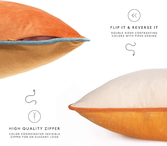 MONDAY MOOSE Decorative Throw Pillow Covers Cushion Cases, Set of 4 Soft Velvet Modern Double-Sided Designs, Mix and Match for Home Decor, Pillow Inserts Not Included (14x14 inch, Orange/Teal)