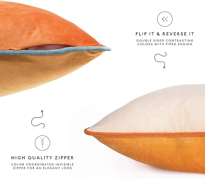 MONDAY MOOSE Decorative Throw Pillow Covers Cushion Cases, Set of 4 Soft Velvet Modern Double-Sided Designs, Mix and Match for Home Decor, Pillow Inserts Not Included (16x16 inch, Orange/Teal)