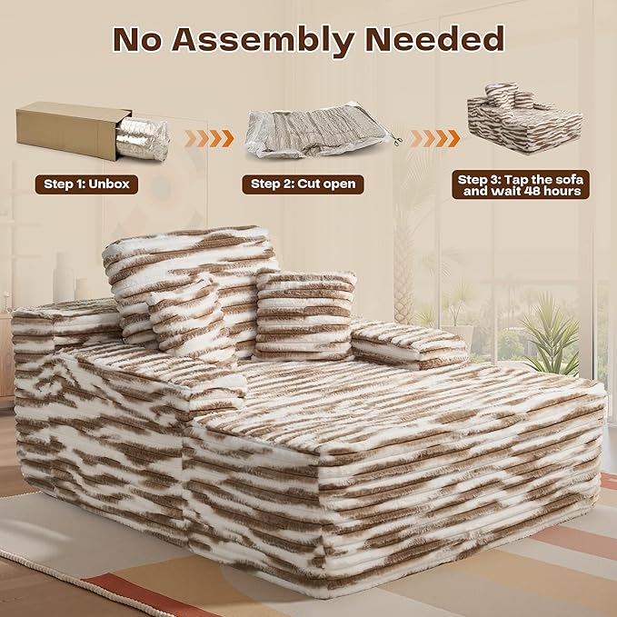 Chaise Lounge Chair Indoor, Oversized Sleeping Couch 67" L * 48.5" W Assembly Free Modern Minimalist Sofa, Extra Deep Large Single Seat Sofa for Living Room (Brown&White Plush)